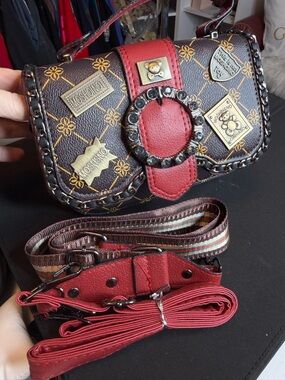 Moschino Brown & Red Patchwork Embellished Crossbody Bag